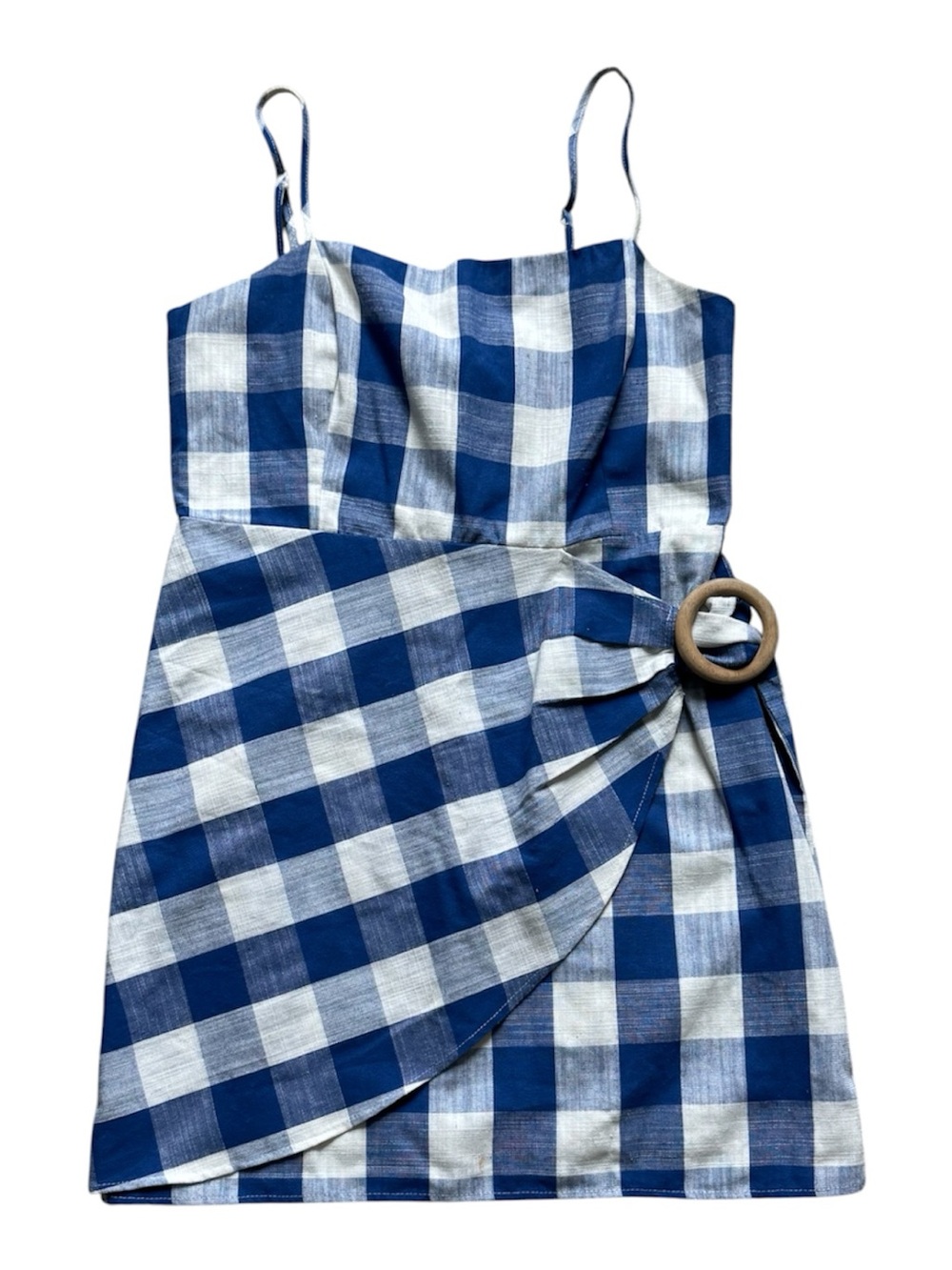 Linen blend blue and white gingham faux wrap sundress adjustable straps mini L